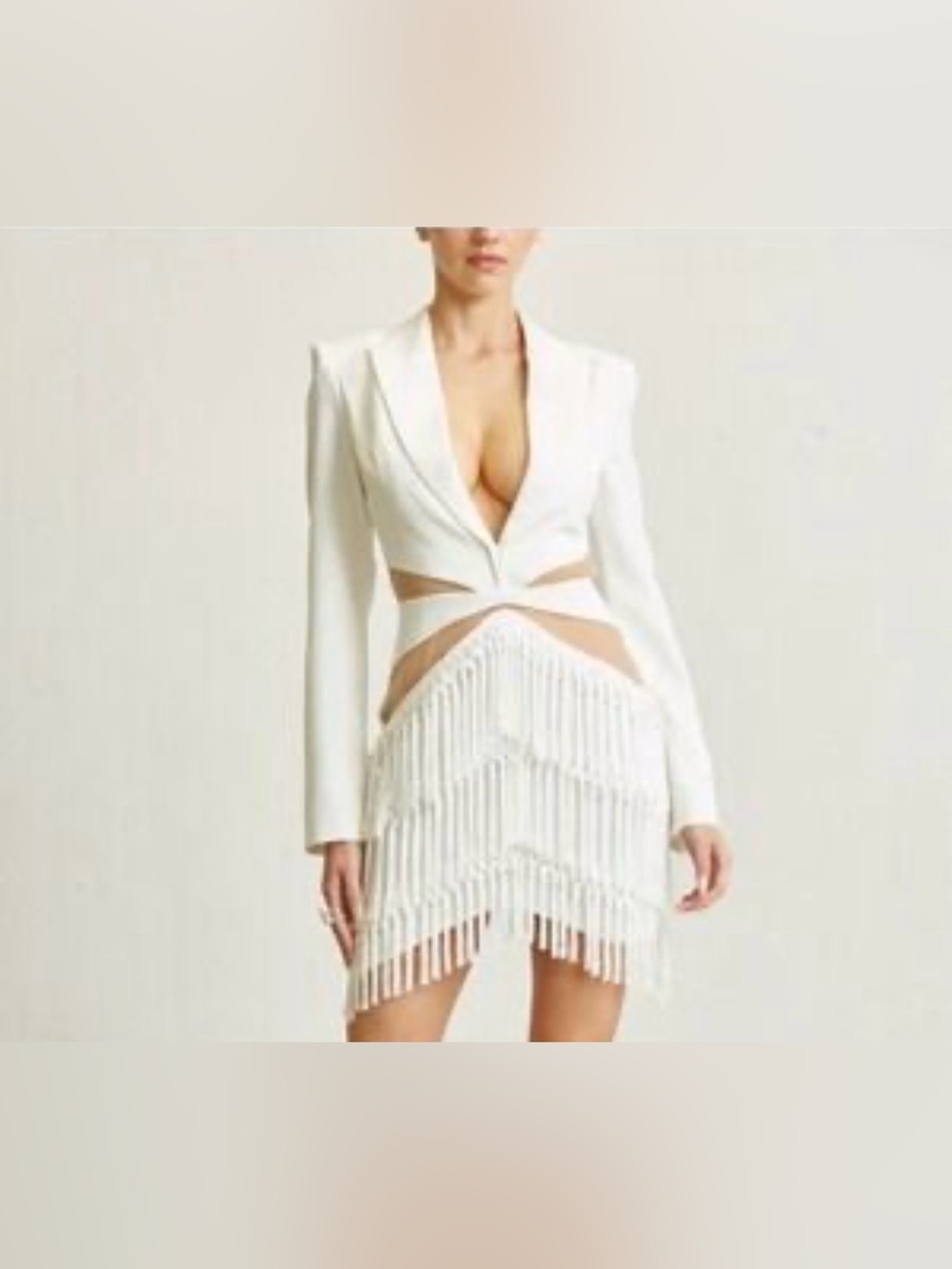 12th Tribe Short White Fringe Cutout Blazer Dress w/ Plunge Neckline Sz L